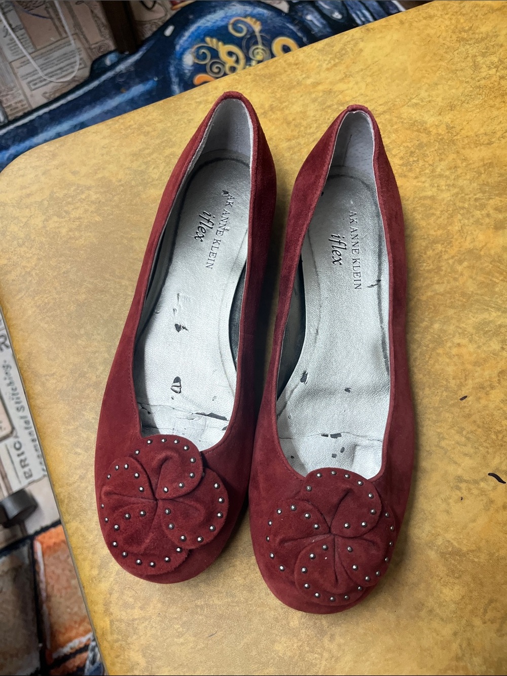 Anne Klein Burgundy Suede Floral-Stud Ballet Flats